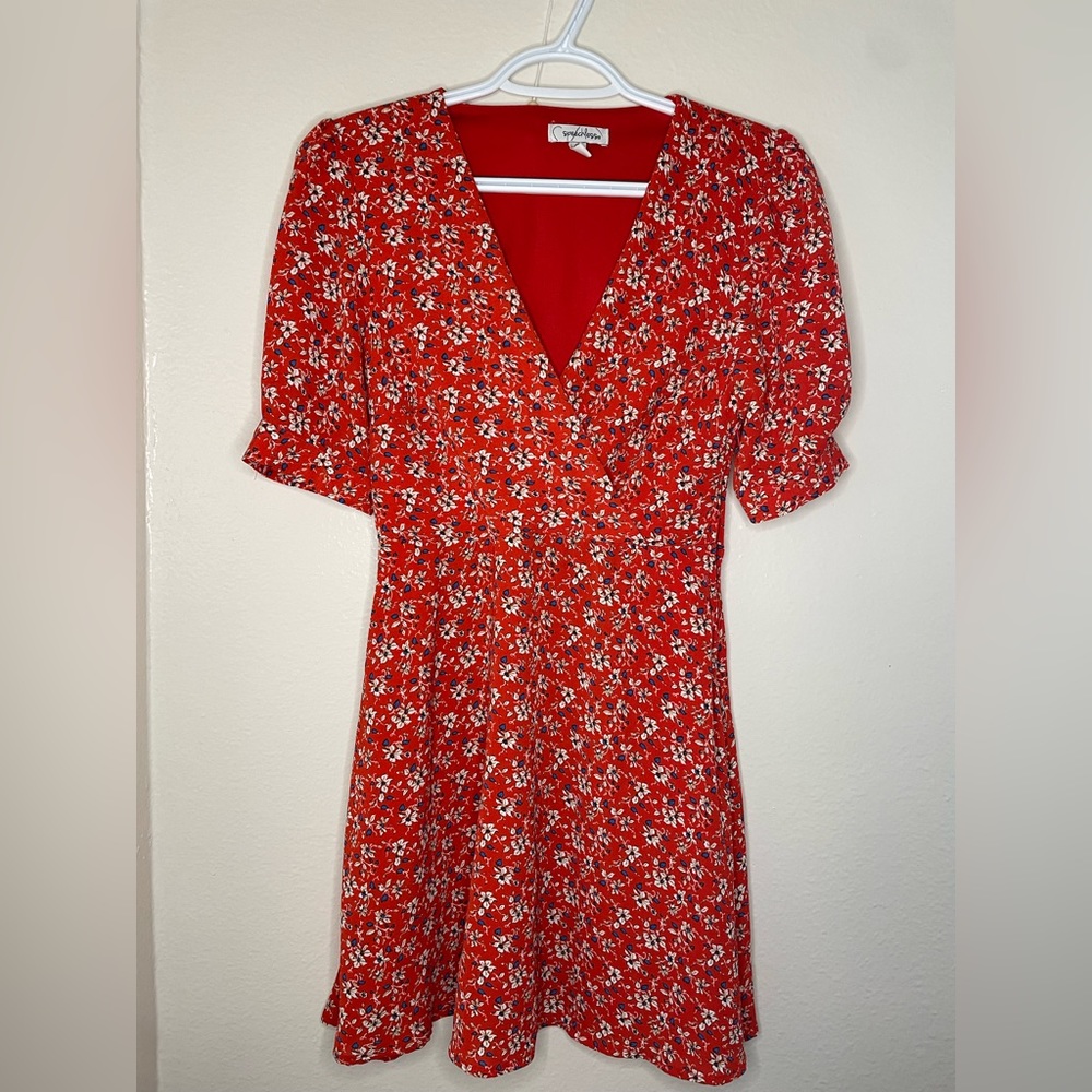 Adorable red with blue flower dress